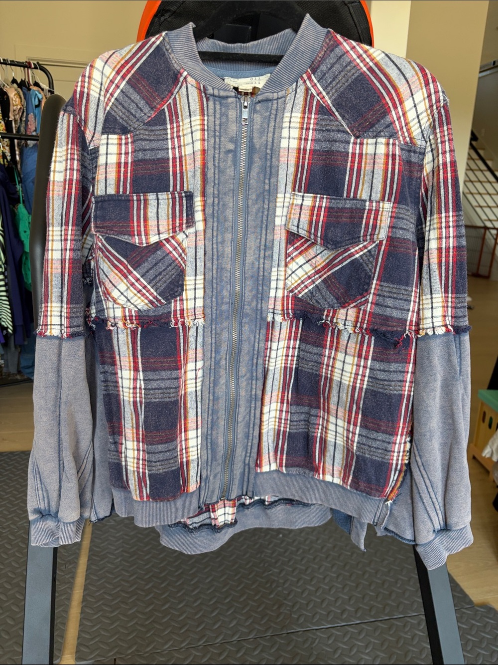 Oli & Hali Navy and Red Plaid Mixed-Media Zip Jacket